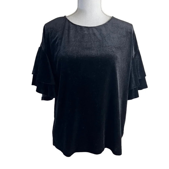 Aqua Black Velour Blouse Size Medium Flared Short Sleeves Formal Cocktail Top - Picture 1 of 5